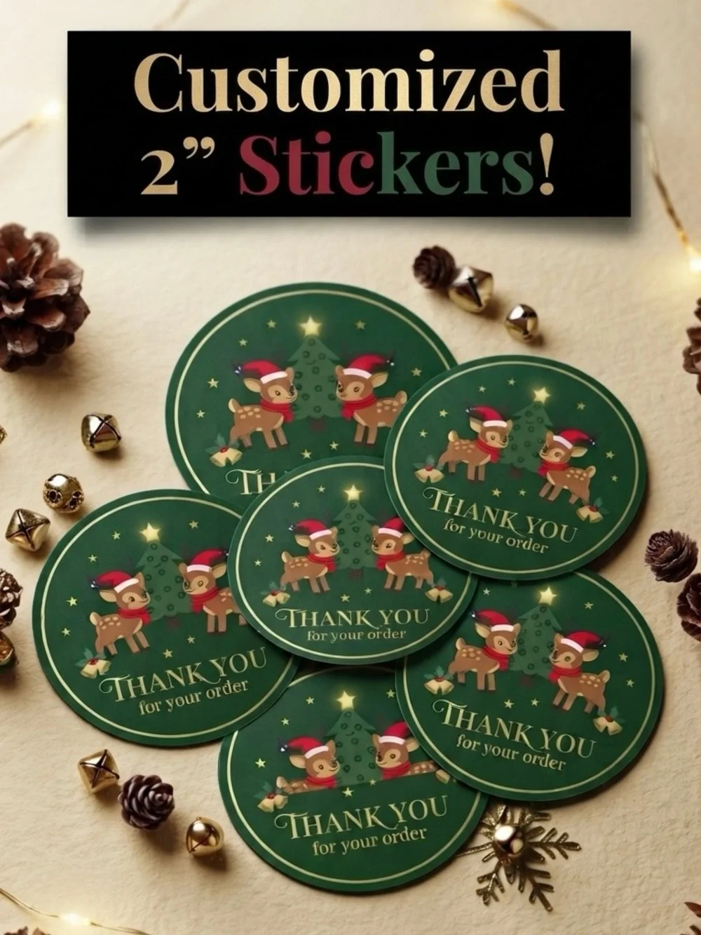 100 Custom Made 2” Reindeer Thank You Stickers